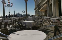 Empty tables in St. Mark's Square in Venice Italy 