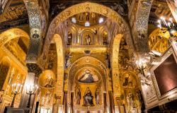 Saracen arches and Byzantine mosaics in the Palatine Chapel of the Royal Palace in Palermo, Sicily