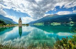 Submerged bell tower at Lake Resia in Val Venosta Italy