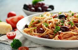 Close-up of spaghetti puttanesca dish
