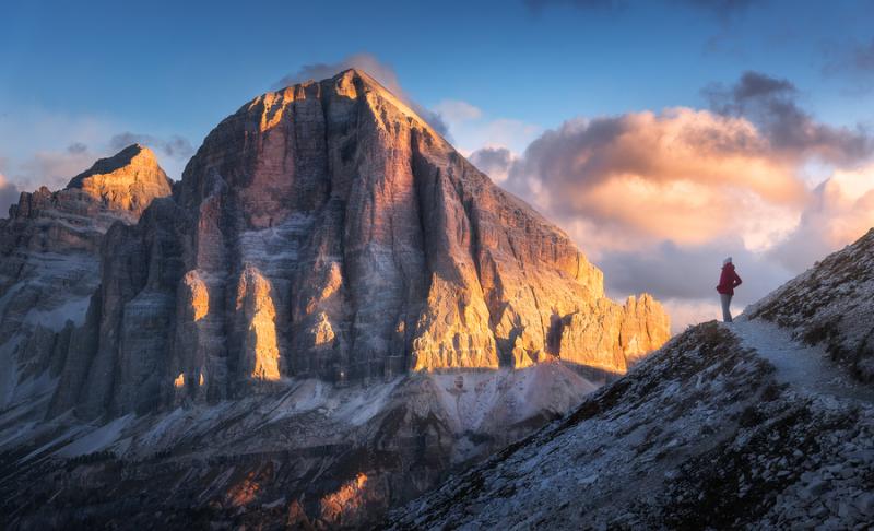 View of mountains and a tral in the Dolomites of Italy 