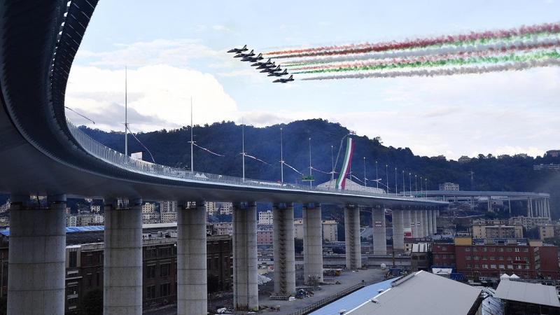 The Genoa San Giorgio Bridge during inauguration with Italian Air Force fly by