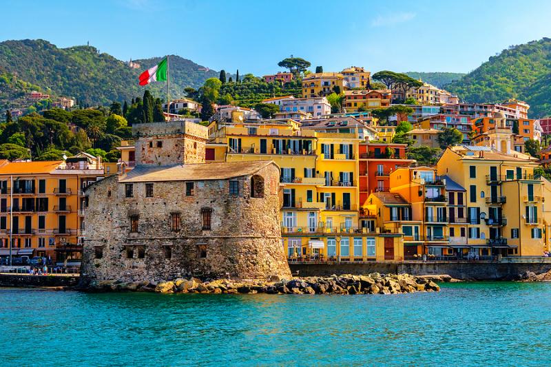 The castle in Rapallo and colorful houses on the Italian Riviera