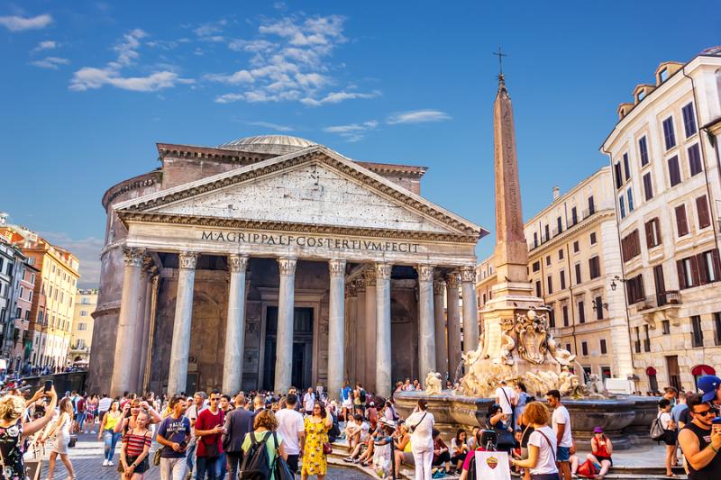 Pantheon square with many tourists in Rome