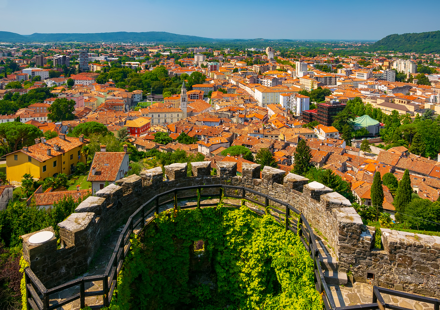 Aerial view of Gorizia city centre and semi-circular bastion of medieval castle,