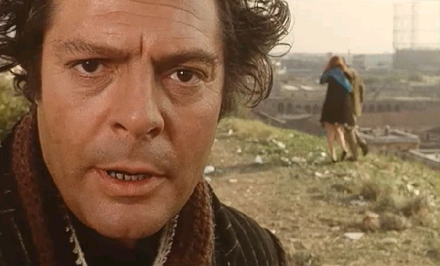 still from Dramma della Gelosia, up close shot of Mastroianni