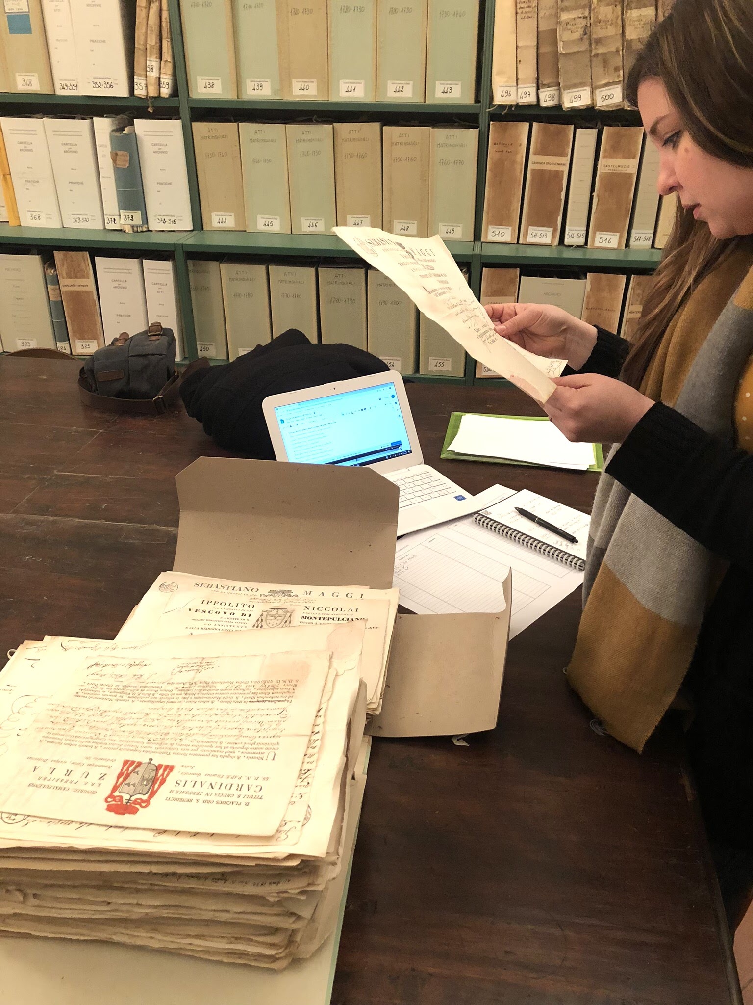Megan Kunze at the archives in Pienza