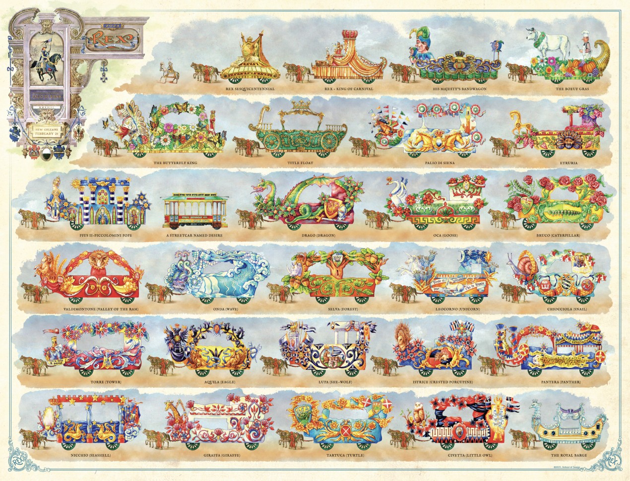Bulletin for the 2023 Rex parade at New Orleans Mardi Gras, featuring contrada- and Siena-themed floats / Courtesy of Rex Organization
