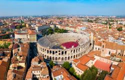 Aerial view of Verona, Italy, with famous Arena