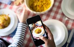 Taking photo of food on table