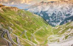 Hairpin bends of the Stelvio Pass road in Italy