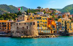 The castle in Rapallo and colorful houses on the Italian Riviera