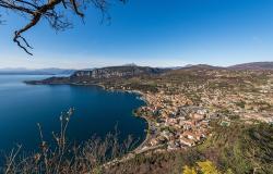 Aerial View of the Small Garda Town, tourist resort on the coast of Lake Garda, view from the Rocca di Garda, small hill overlooking the lake