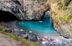 Italian beach called Arcomagno in calabria ionian sea with rocks natural arch