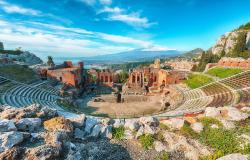 Ruins of ancient Greek theater in Taormina and Etna volcano in the background