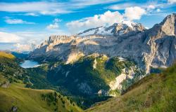 View over the Marmolafa glacier and Fedaia lake in Italy