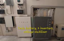 Solar panels, voltage stabilizer, inverters and Tesla battery