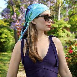 Orchid scarf worn by model as a headwrap 