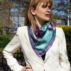 Italian American actress, Diane is wearing our Dahlia scarf with an ivory suit, Gorgeous! 