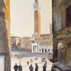 Painting of Siena from the cold shadows, looking towards the warmth of the shell shaped Campanile in Siena which is famous for hosting the Palio horse race.