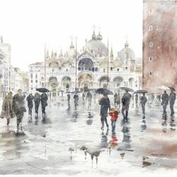 The Girl in the Red Coat features the artist's eldest grandaughter Emily holding her grandmothers hand as they scurry accross the iconic stage of Piazza San Marco in Venice through a snow shower. 