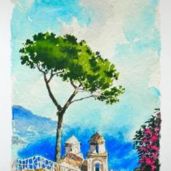A classic iconic view of Ravello on the Amalfi coast in Southern Italy looking down into the blue sea below. Taken from an original watercolour painting.