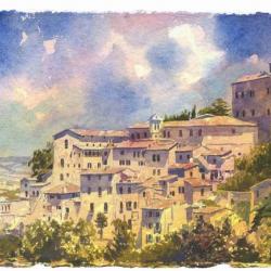 This watercolour was inspired by a sketchbook watercolour painted on location in a picturesque town called Todi which we have been to on a number of occasions.