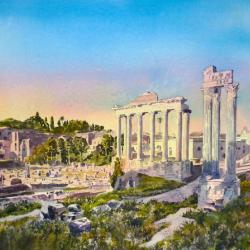 I rose just after 5am to paint a small watercolour in my sketchbook to capture the first rays of sunlight catching the ancient columns of the temple ruins.