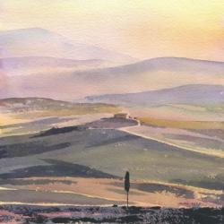 I spent two consecutive mornings watching and painting the sun rising through the early morning mist to capture this iconic view in the Val d’Orcia, a territory near Siena in Tuscany.