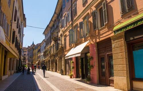 People walk down the historic Via Rastello in the north eastern Italian city of Gorizia in the Friuli Venezia Giulia region