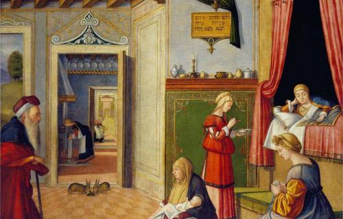 Vittore Carpaccio: Birth of the Virgin, ca. 1502/1503, oil on canvas, 128,5 × 127,5 cm. Bergamo, Accademia Carrara