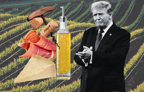 Italian products against a vineyard backdrop, with Donald Trump at left