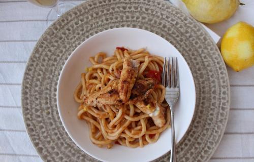 pici with cherry tomatoes, lemon zest and anchovies