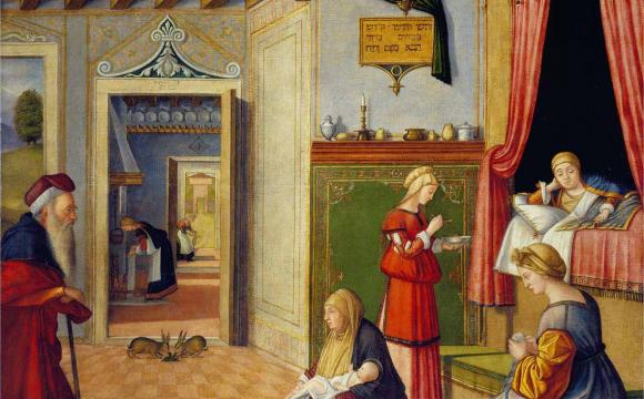 Vittore Carpaccio: Birth of the Virgin, ca. 1502/1503, oil on canvas, 128,5 × 127,5 cm. Bergamo, Accademia Carrara