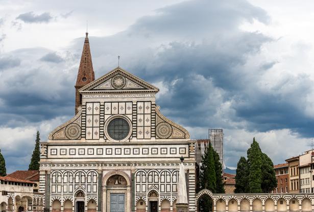 The main facade of the famous Basilica of Santa Maria Novella, in Gothic-Renaissance style