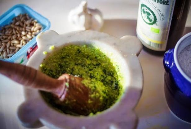 Pesto sauce made in the mortar Pesto sauce made in the mortar