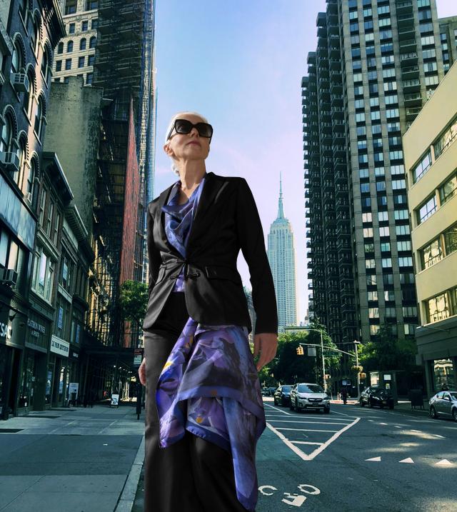 Italian French silver model wearing Iris scarf in NYC