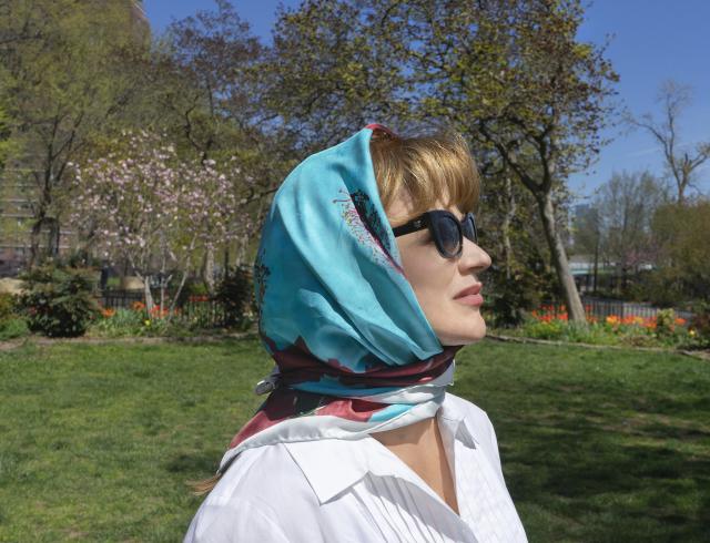 Italian American actress, Diane is channeling her inner Gina Lollobrigida and reminiscent of old Hollywood glamour by wearing our Hibiscus design as a gorgeous headscarf