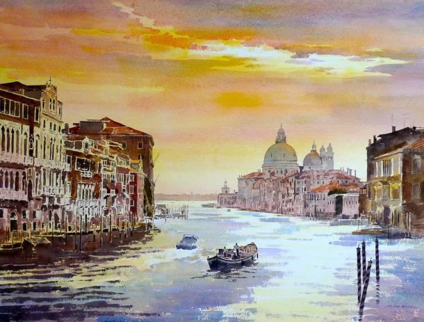 A classic view of the Grand Canal, Venice from the Accadamia Bridge. I’ve painted several watercolours on location from this view point. This is a studio production inspired by those studies.