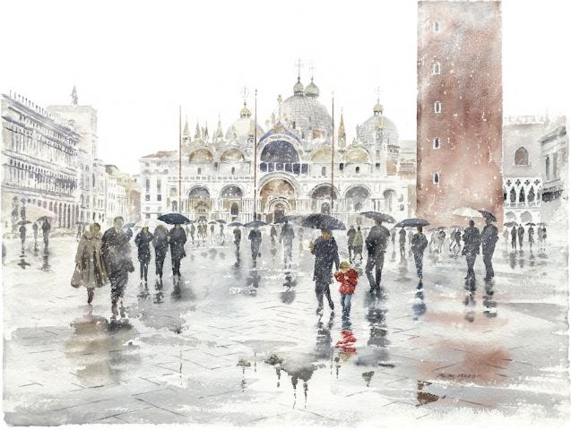 The Girl in the Red Coat features the artist's eldest grandaughter Emily holding her grandmothers hand as they scurry accross the iconic stage of Piazza San Marco in Venice through a snow shower. 