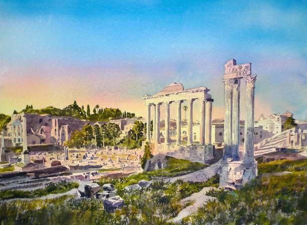 I rose just after 5am to paint a small watercolour in my sketchbook to capture the first rays of sunlight catching the ancient columns of the temple ruins.