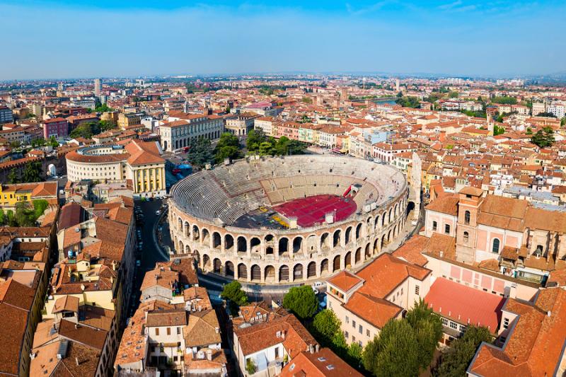 Aerial view of Verona, Italy, with famous Arena