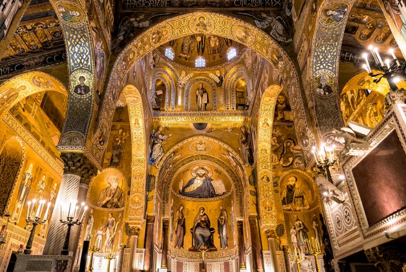 Saracen arches and Byzantine mosaics in the Palatine Chapel of the Royal Palace in Palermo, Sicily