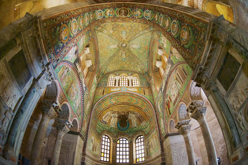 Rich decorated walls and ceiling of the Basilica di San Vitale in Ravenna, Italy