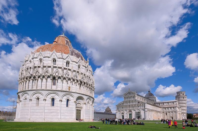 Piazza del Duomo in Pisa with the Baptistery, the Cathedral and Leaning Tower
