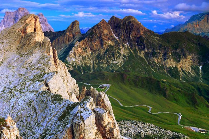 View of mountains and of the Great Dolomites Road 