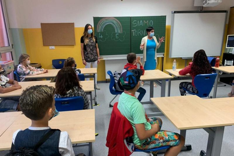 Italian classroom with students and teachers wearing masks