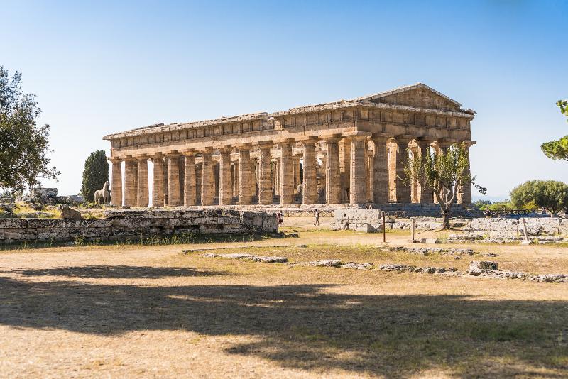View of the Temple of Hera II at the Greco-Roman archaeological site of Paestum