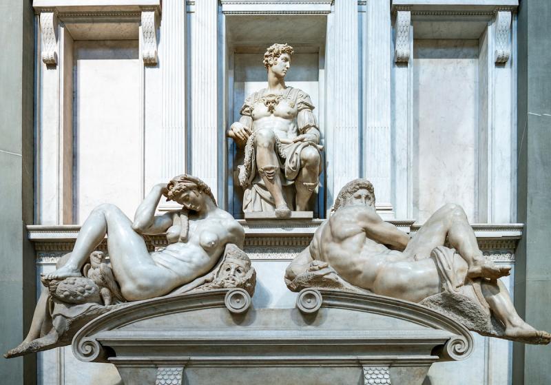 Medici chapels, the tomb of Giuliano Duke of Nemours, by Michelangelo, with tthe statues representig (from left) the Day, the Duke and the Night
