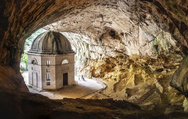 church inside cave in Italy - Marche - the temple of Valadier church near Frasassi caves in Genga Ancona .
